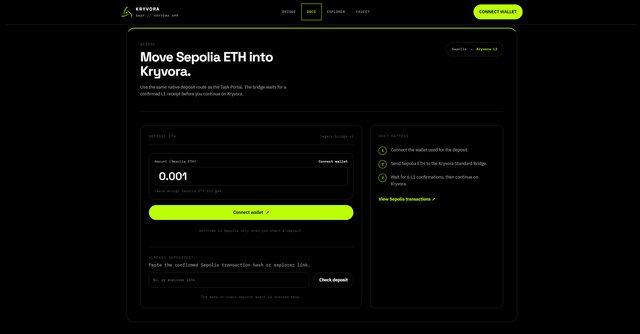 Kryvora bridge interface showing a form to deposit Sepolia ETH and convert it to wrapped/wKCERA, displaying 'Move Sepolia ETH into Kryvora' with a current deposit of 0.001 wKCE.
