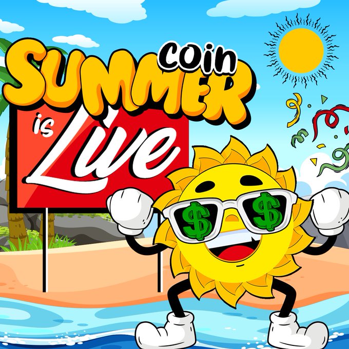 A cartoon sun wearing dollar sign sunglasses and boxing gloves stands on a beach holding a red sign that reads "SUMMER COIN is Live," visually celebrating the launch of the $summertokensol meme coin described in the post.
