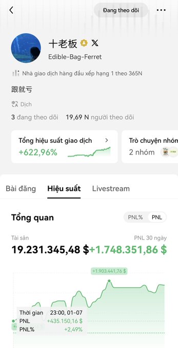 A mobile screenshot of a trading profile showing user 'Edible-Bag-Ferret' (十老板) with +622.96% trading performance, total assets of $19,231,345.48 and 30-day PNL of +$1,748,351.86.