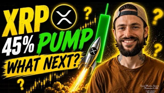 A man with a beard and backwards cap smiles next to a graphic showing a rocket labeled with XRP taking off, alongside the text "XRP 45% PUMP! WHAT NEXT?" and question marks, matching the post's headline about an XRP price surge.