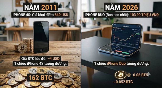 A side-by-side comparison graphic titled 'NĂM 2011' and 'NĂM 2026' showing an iPhone 4S priced at 649 USD equal to 162 BTC when BTC was ~4 USD, versus an iPhone Duo priced at 103.99 TRIỆU VNĐ equal to ~0.052 BTC.