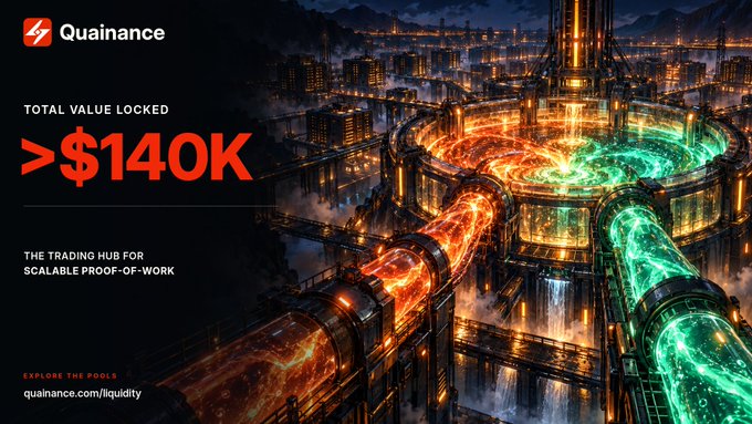 A promotional banner for Quainance showcases a glowing orange and teal industrial facility with text highlighting "Total Value Locked >$140K" and describing it as "The Trading Hub for Scalable Proof-of-Work," directing viewers to quainance.com/liquidity. The image visually reinforces the post's message by encouraging miners to use Quainance for trading their $QUAI tokens off centralized exchanges.