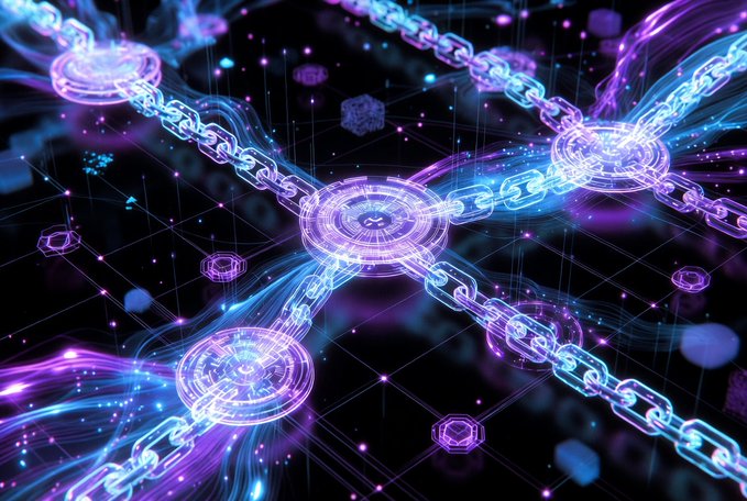 An abstract digital artwork featuring glowing neon chains and circular hubs interconnected in a network pattern, rendered in vibrant purple, blue, and pink colors against a dark background with floating geometric particles.