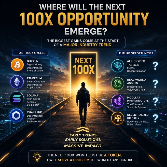 The image is a promotional graphic titled "Where Will the Next 100x Opportunity Emerge?" featuring a silhouetted figure walking toward a glowing doorway labeled "Next 100x," flanked by "Past 100x Cycles" (Bitcoin, Ethereum, Solana, Chainlink) and "Future Opportunities" (AI + Crypto, Real World Assets, Modular Infrastructure, Decentralized Identity). It emphasizes the message "The next 100x won't just be a token. It will solve a problem the world can't ignore," visually reinforcing the post's theme of identifying the next major crypto super narrative beyond Bitcoin's foundational impact.