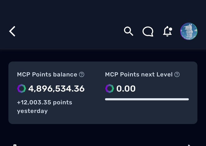 A digital dashboard screen displays 'MCP Points balance' of 4,896,534.36 with '+12,003.35 points yesterday' and 'MCP Points next Level' at 0.00.