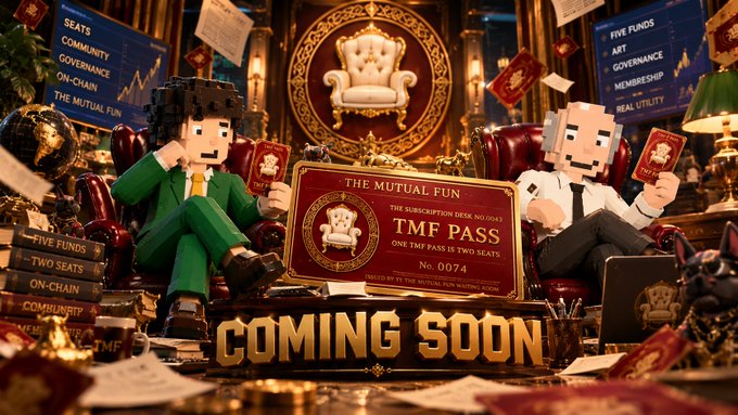 A 3D-rendered promotional image featuring two blocky characters holding passes, advertising 'THE MUTUAL FUN' with 'COMING SOON' text in an ornate, luxurious setting.