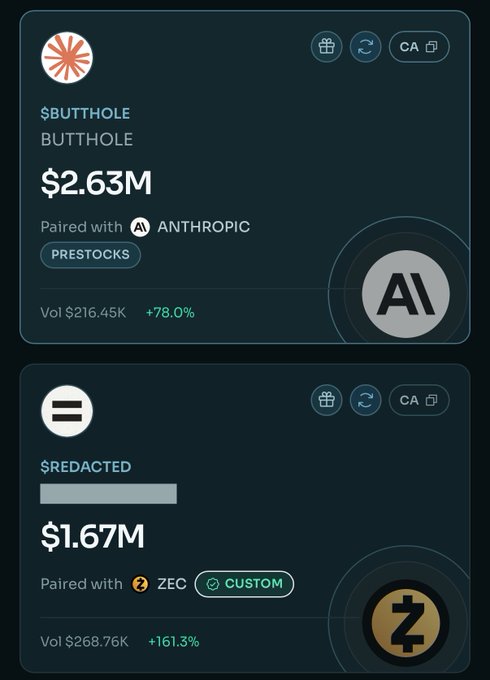 A dashboard showing two RWA (Real World Asset) crypto pairs on Solana, with $BUTTHOLE paired with Anthropic at $2.63M (+78%) and $REDACTED paired with ZEC (Zcash) at $1.67M (+161.3%), illustrating the post's claim that Redacted is closing the gap on Butthole to become the top RWA pair.