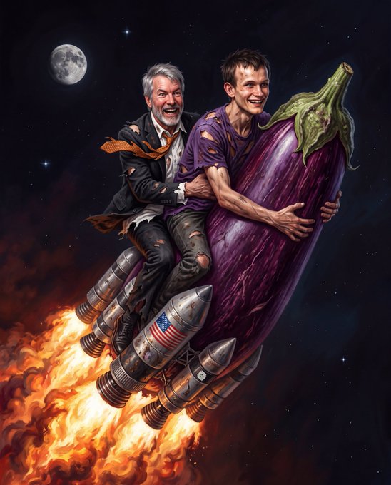 A humorous digital illustration of two men riding a giant eggplant as a rocket through space, with the moon visible in the background and fire blasting from makeshift rocket engines below.