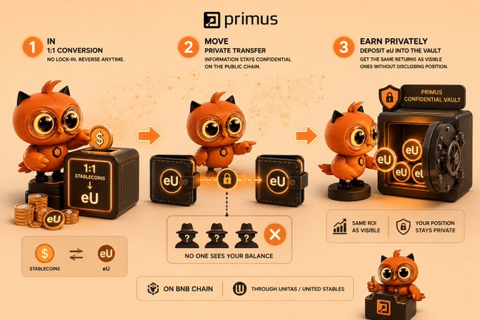 A Primus infographic with orange owl mascots illustrates a three-step process: 1) 'IN 1:1 CONVERSION NO LOCK-IN, REVERSE ANYTIME' from Stablecoins to eU, 2) 'MOVE PRIVATE TRANSFER INFORMATION STAYS CONFIDENTIAL ON THE PUBLIC CHAIN', and 3) 'EARN PRIVATELY DEPOSIT eU INTO THE VAULT GET THE SAME RETURNS AS VISIBLE ONES WITHOUT DISCLOSING POSITION' on the BNB Chain.