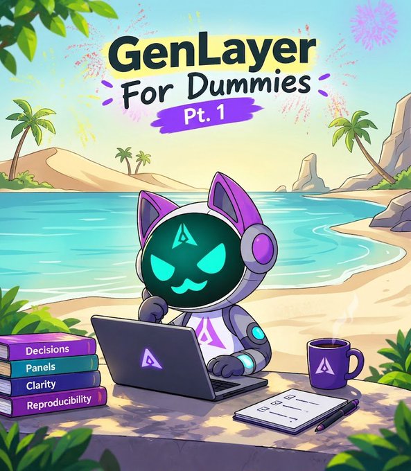 Cover art titled "GenLayer For Dummies Pt. 1" featuring a cartoon cat-like robot character working on a laptop at a beach, with books labeled Decisions, Panels, Clarity, and Reproducibility.
