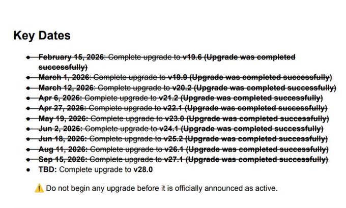 The image lists key upgrade dates from February 15, 2026 through September 15, 2026 (with v28.0 marked TBD), but the strikethrough formatting suggests these are retracted or unreliable dates. This relates to the post by highlighting the lack of a clear roadmap, as the crossed-out dates imply uncertainty about when future upgrades—particularly the TBD v28.0—will actually be completed.