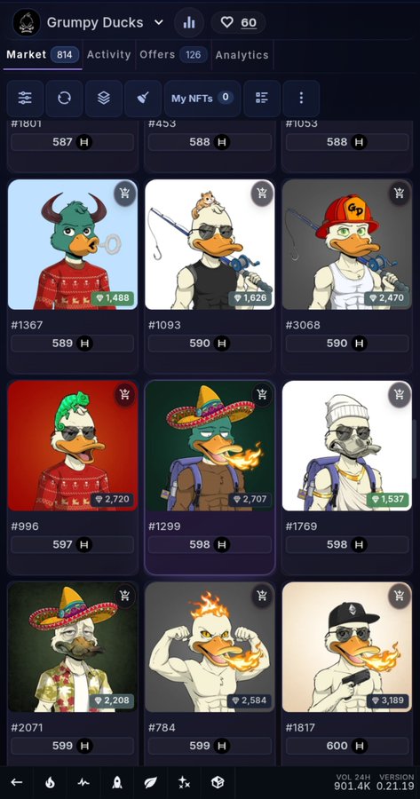 A mobile app screenshot of an NFT marketplace displaying 'Grumpy Ducks' collection with various cartoon duck character NFTs listed for sale in the 1,400-3,200 price range, showing stats like Market 814 and Offers 126.