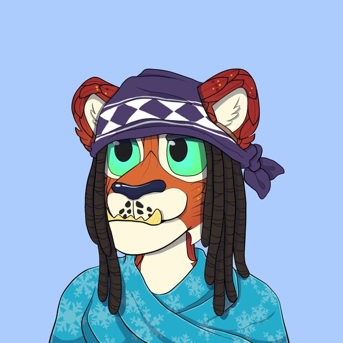 A cartoon-style character with a lion's face, green eyes, and dreadlocks, wearing a purple and white diamond-patterned bandana and a blue snowflake-patterned hoodie against a light blue background.