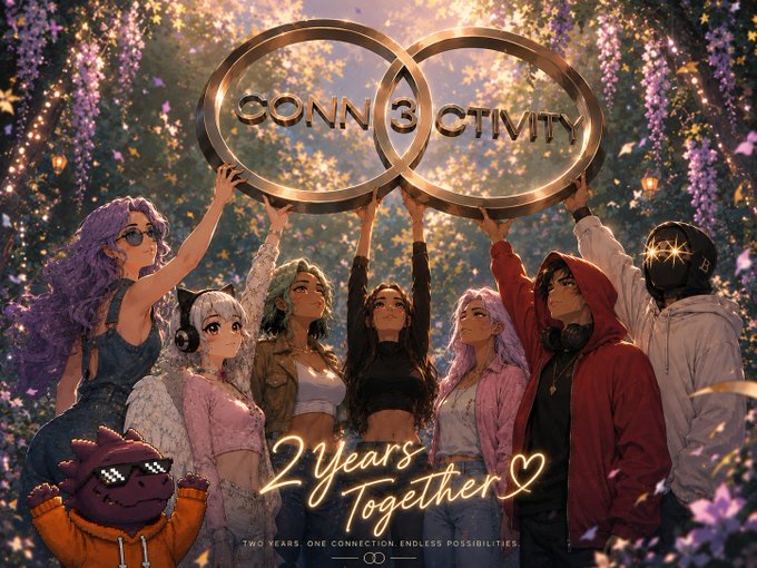 A celebratory illustration shows a diverse group of anime-style characters holding up golden rings with the text "CONN3CTIVITY" against a floral backdrop, accompanied by the phrase "2 Years Together" and the tagline "Two years. One connection. Endless possibilities." The image, along with the post, commemorates CONN3CTIVITY's 2nd anniversary as a thriving and beloved Web3 community, highlighting the pride of being part of such an active and well-recognized group.