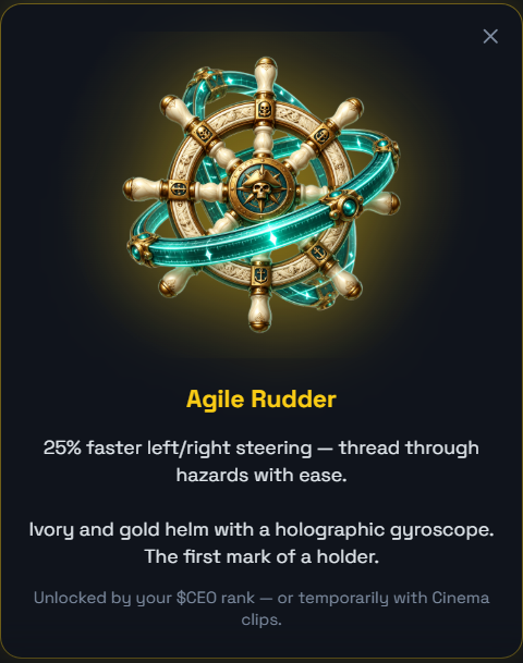 A digital item called "Agile Rudder" is displayed, described as an ivory and gold helm with a holographic gyroscope that provides 25% faster steering.