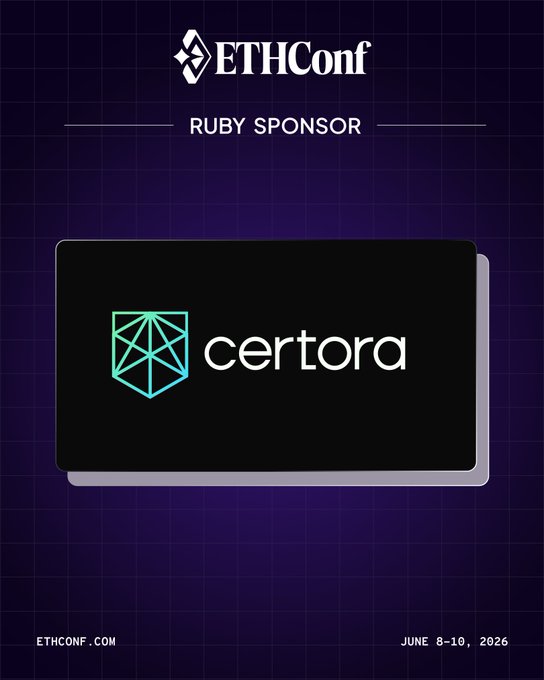 The image features a poster for an event called "ETHConf" that took place in New York City from June 8-10, 2016. The poster includes a logo for Certora, which is a formal verification tool used by Ethereum developers to ensure the accuracy of their contracts. The text on the poster indicates that Ruby Sponor sponsored the event and that it was held at the Javits Center.