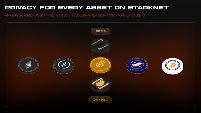 A Starknet privacy graphic reads “PRIVACY FOR EVERY ASSET ON STARKNET” and “ANY ERC-20 ASSET ON STARKNET CAN BE SHIELDED IN ONE CLICK VIA SUPPORTED WALLETS,” above coin icons and labels “(SHIELD)” and “(UNSHIELD).”