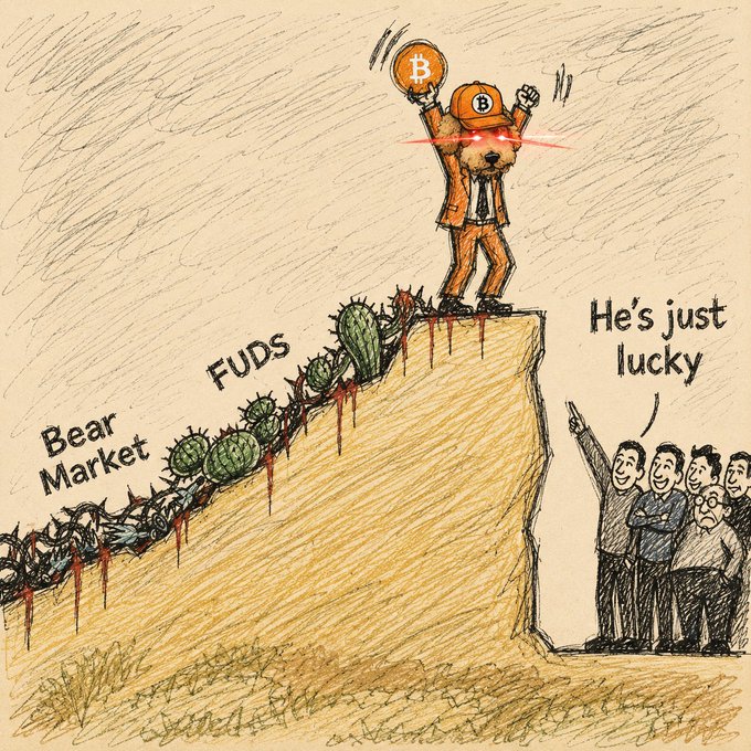 A hand-drawn illustration of a Bitcoin-themed character standing victorious on a cliff labeled 'FUDS' and 'Bear Market', with onlookers commenting 'He's just lucky'.