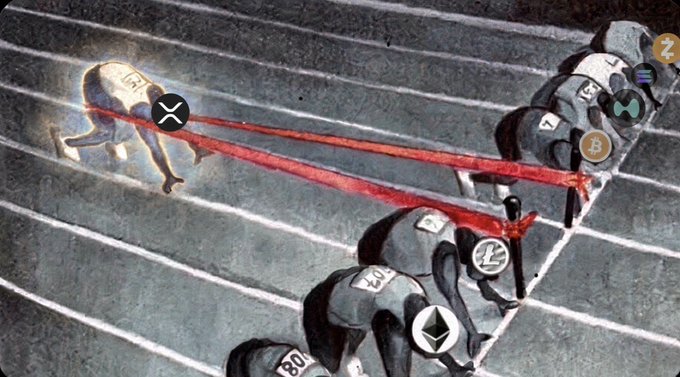 A glowing sprinter surges ahead of the pack in a footrace, leaving behind competitors marked with cryptocurrency logos like Bitcoin, Ethereum, and Zcash, illustrating the "early bird gets the worm" advantage of investing in a new or early-stage token before the market catches on.