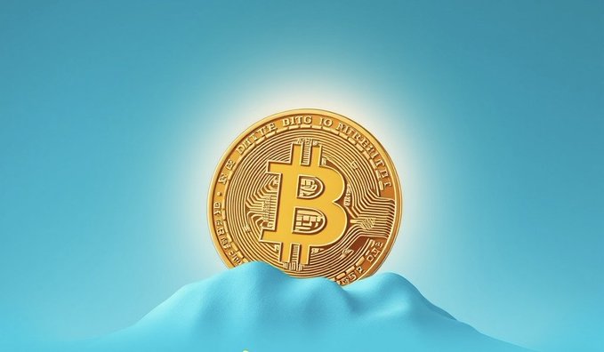 A shiny gold Bitcoin coin stands upright on a smooth blue surface against a blue gradient background with a soft glow behind it.