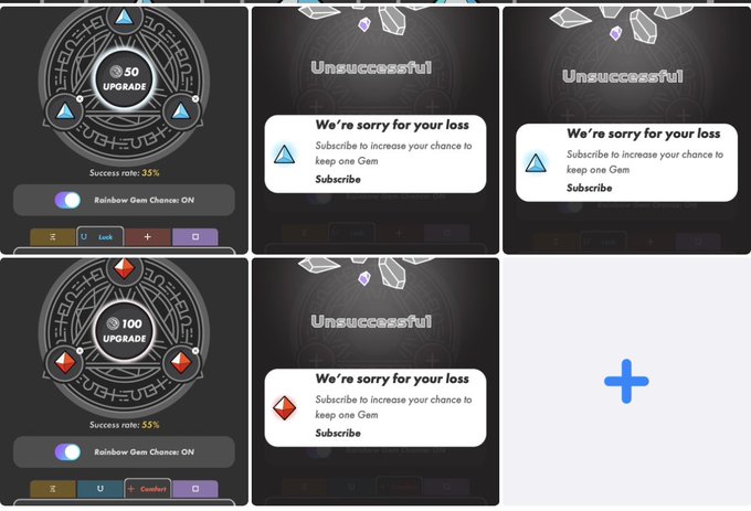 A collage of four screenshots showing a 'Gem Upgrade' game interface with 'Unsuccessful' results, success rates of 35% and 55%, and prompts reading 'We're sorry for your loss, Subscribe to increase your chance to keep one Gem'.