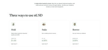 An informational graphic titled 'Three ways to use nUSD' outlining Hold (4.00% APY), Stake (8.00% APY), and Borrow (6.00% APY) options, each requiring $1.00 per token with 24-hour epochs.