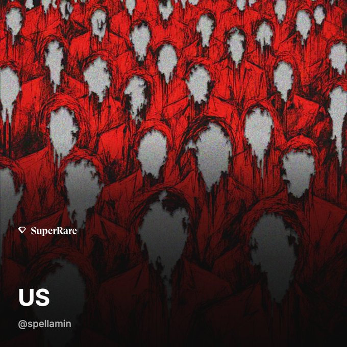 An NFT artwork titled 'US' by @spellamin, depicting a crowd of faceless figures in red hooded robes, marked with a 'SuperRare' logo.