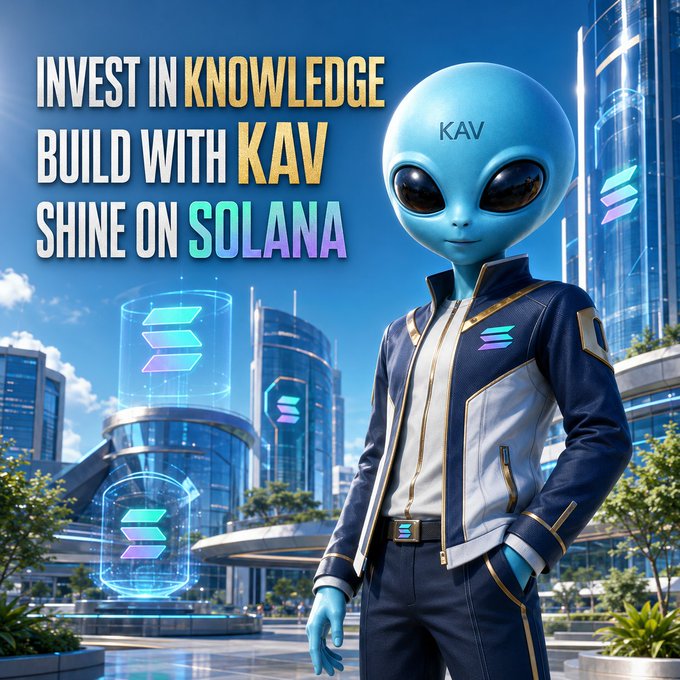 A promotional graphic featuring a blue alien mascot labeled "KAV" wearing a futuristic jacket, with the text "INVEST IN KNOWLEDGE, BUILD WITH KAV, SHINE ON SOLANA" displayed against a futuristic cityscape.