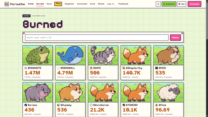 A screenshot of a 'Burned' meme coin marketplace on the Parasite platform, showing various cat-themed meme coins with prices like 1.47M, 4.79M, 506, 140.7K, 535, 436, 536, 21.2K, 19.1K, and 96.69.
