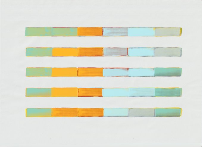 The image features a white background with a series of vertical lines arranged in a grid-like pattern, creating an abstract art piece. The colors used are primarily yellow, green, and blue, which are arranged in a diagonal line across the canvas. The composition is simple yet visually striking, drawing attention to the interplay between the different color shades and their arrangement on the white background.