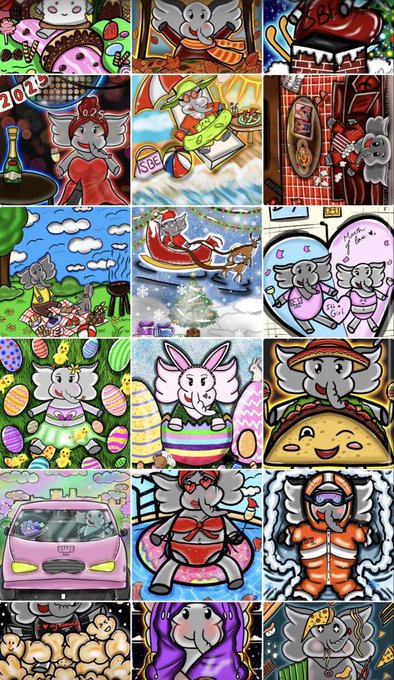 A collage of hand-drawn illustrations featuring a cartoon baby elephant character in various festive scenes, including a beach vacation, Christmas, Easter, and racing, created as free monthly art for holders of a "Baby Elephant" NFT collection. The post promotes that holding at least one piece from the main collection grants access to exclusive monthly artwork.