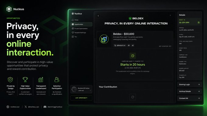 Promotional webpage for "Nucleus" platform emphasizing "Privacy, in every online interaction," showcasing a Beldex - $50,000 campaign launching in 20 hours.