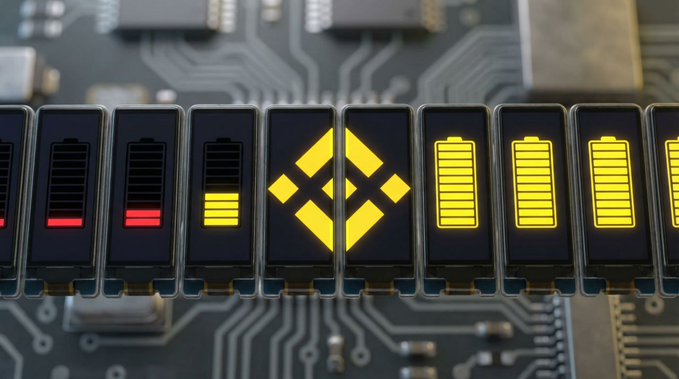 A row of illuminated battery icons on a circuit board displays varying charge levels from empty (red) to full (yellow), with the central Binance logo prominently lit up, symbolizing the crypto exchange as a source of renewed energy—fitting for the post's message about recharging when drained.