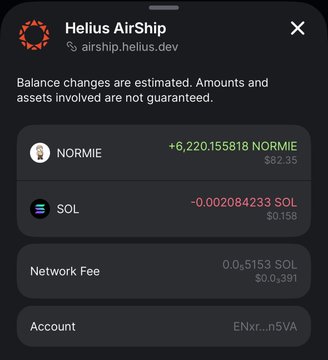 A screenshot from Helius AirShip (airship.helius.dev) displaying an estimated balance change showing a receipt of +6,220.155818 NORMIE tokens (~$2.35) and a small SOL debit of -0.002084233 SOL (~$0.158), with a 0.05153 SOL network fee, illustrating the decompression step needed for compressed ANSEM airdrop tokens to appear in a wallet.