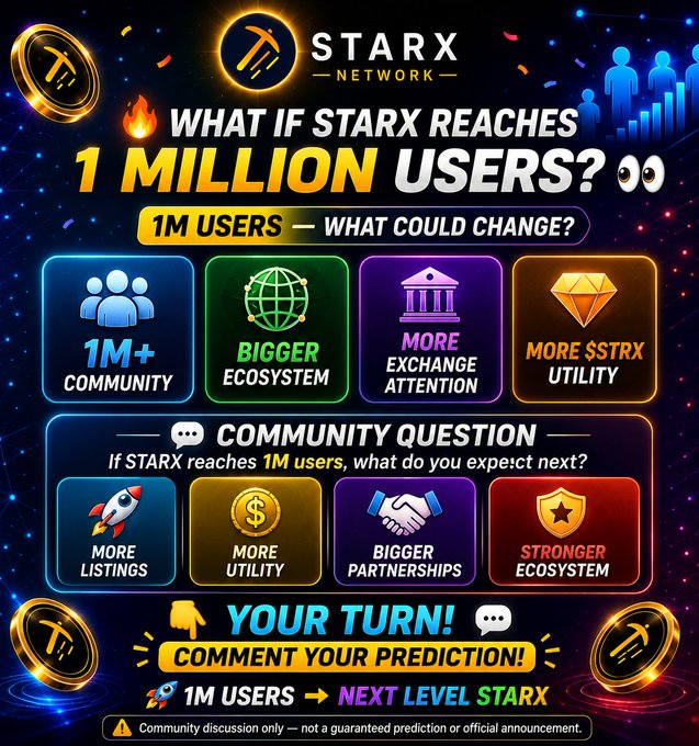 The image is a vibrant promotional graphic for StarX Network titled "WHAT IF STARX REACHES 1 MILLION USERS?" highlighting four key potential outcomes—a 1M+ community, a bigger ecosystem, more exchange attention, and more $STRX utility—before inviting community members to vote and comment on whether they expect more listings, more utility, or bigger partnerships as the next milestone. The colorful, space-themed design with rocket imagery and crypto coin graphics reinforces the post's call to action for the #StarXCommunity to share their predictions.