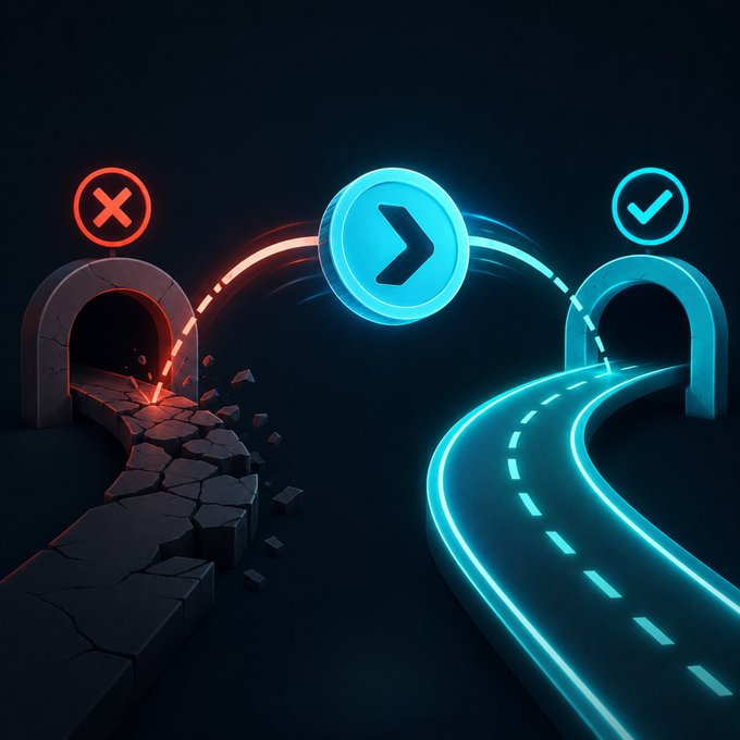 A digital illustration showing a crossroads metaphor with a glowing blue coin/chevron symbol in the center, a red X path on the left leading to a broken/crumbling tunnel, and a green checkmark path on the right leading to a glowing tunnel.