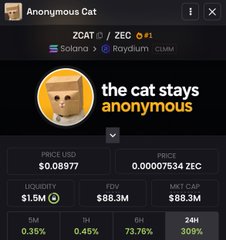 A cryptocurrency listing for 'Anonymous Cat' token shows a cat icon with 'the cat stays anonymous' slogan, trading on ZCAT/ZEC pair at $0.08977 with $1.5M liquidity.