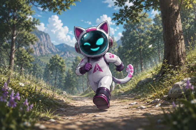 A 3D-rendered character wearing a white and purple cat-themed astronaut suit with a glowing digital smiley face helmet runs along a dirt path through a sunlit forest with mountains in the background.