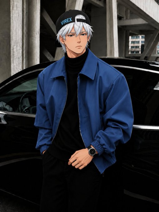 An anime-style illustration of a white-haired young man wearing a backward 'VIREX' cap, blue jacket, and black turtleneck, standing in front of a black car.