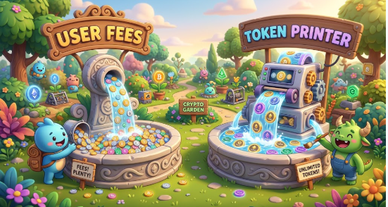 A colorful cartoon illustration depicting a 'Crypto Garden' with two fountains labeled 'USER FEES' and 'TOKEN PRINTER,' featuring a blue character at a 'FEEY PLANTO' and a green character noting 'UNLIMITED TOKENS.'