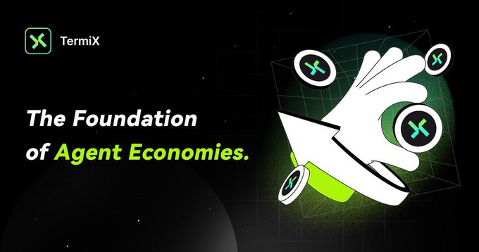 A promotional graphic for TermiX featuring a stylized white rabbit surrounded by "X" tokens and a launching rocket, with the headline "The Foundation of Agent Economies." displayed in white and green text on a dark background. The imagery of agents, tokens, and rockets visually reinforces the post's message about TermiX being a platform for AI agents and its campaign closing on Kaito.