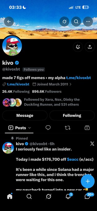 A screenshot of a Twitter profile for user "kivo" (@kivoxbt) showing 896.6K Followers and a pinned post stating "Today i made $176,700 off Seacc (e/acc)".