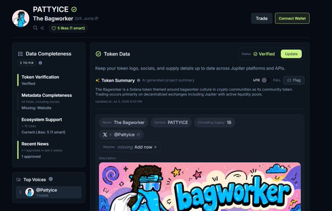 A Jupiter token dashboard page for "PATTYICE - The Bagworker" showing its verification status, featuring token data like a 1B circulating supply and links to the @Pattyice social account, alongside pixel-art branded imagery supporting the post's call to like the token to secure Jupiter verification.