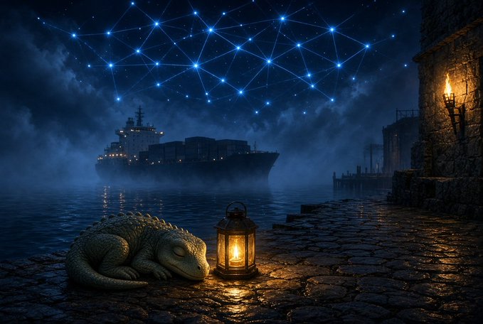 A fantasy digital artwork shows a sleeping dragon-like creature beside a glowing lantern on a stone dock, with a large ship and a starry constellation pattern in the misty night sky.