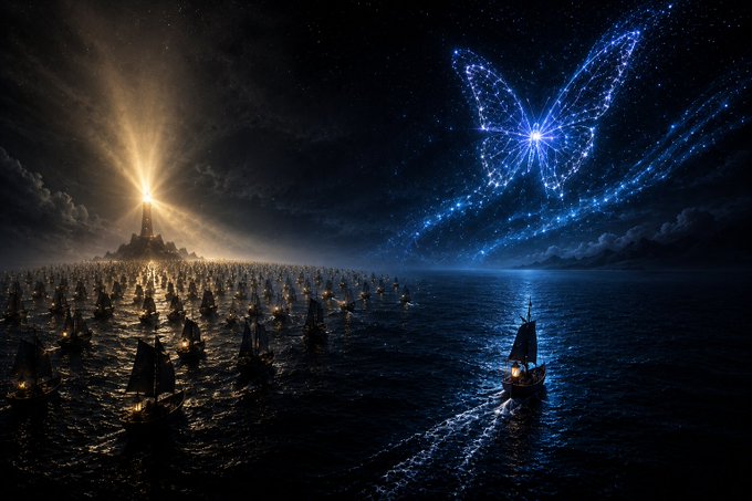The image features a large group of boats sailing across a dark blue ocean, with a bright blue butterfly flying above them. The scene also includes a castle-like structure in the background, adding an element of fantasy or adventure to the overall composition.