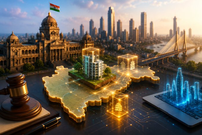 A digitally rendered map of Maharashtra glows with holographic building models, set against a backdrop of Mumbai's skyline featuring a court building, the Indian flag, and a gavel alongside a laptop displaying a smart city. The imagery symbolizes the proposed DELTA Act, which would position Maharashtra as India's first state to legally tokenize real estate through blockchain technology.