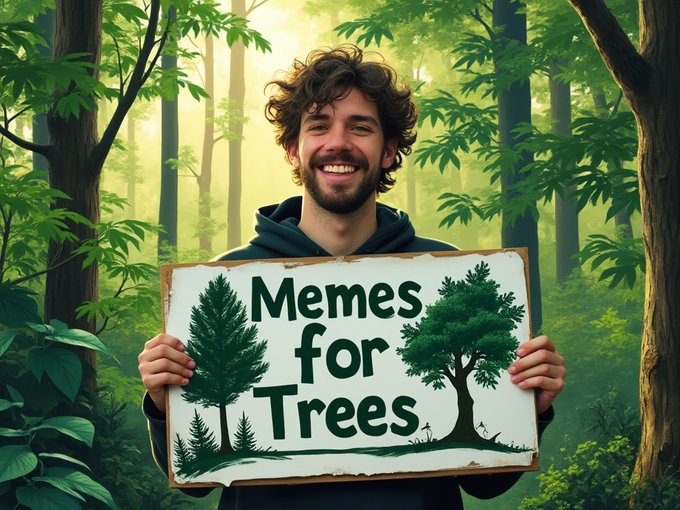 A smiling man with curly hair and a beard stands in a lush green forest, holding a sign that reads "Memes for Trees" decorated with illustrations of trees. The image fits the $BNKR post's theme of decentralized, community-driven promotion, where memes serve as grassroots marketing—much like trees in a forest, they spread organically without a central authority.