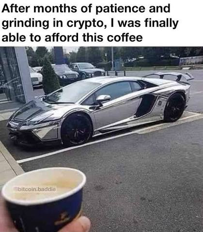 A meme showing a silver chrome Lamborghini parked in a lot, with text reading 'After months of patience and grinding in crypto, I was finally able to afford this coffee', while a hand holds an espresso cup in the foreground (watermark: @bitcoin.baddie).