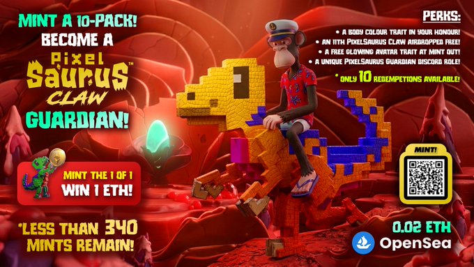 A promotional graphic for 'PixelSaurus Claw Guardian' NFT collection advertising a 10-pack mint at 0.02 ETH on OpenSea, featuring perks like a body color trait and airdropped NFTs, with 'LESS THAN 340 MINTS REMAIN!' displayed.