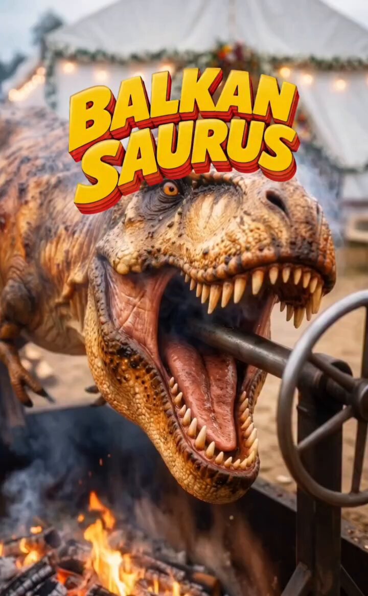 The image features a large dinosaur head with its mouth open, appearing to be eating something at an outdoor event or festival. The dinosaur's teeth are visible as it takes a bite from a piece of food. In the background, there is a tent-like structure and some people can be seen in the distance. The post also mentions that this event is taking place at Solana Summit Belgrade.